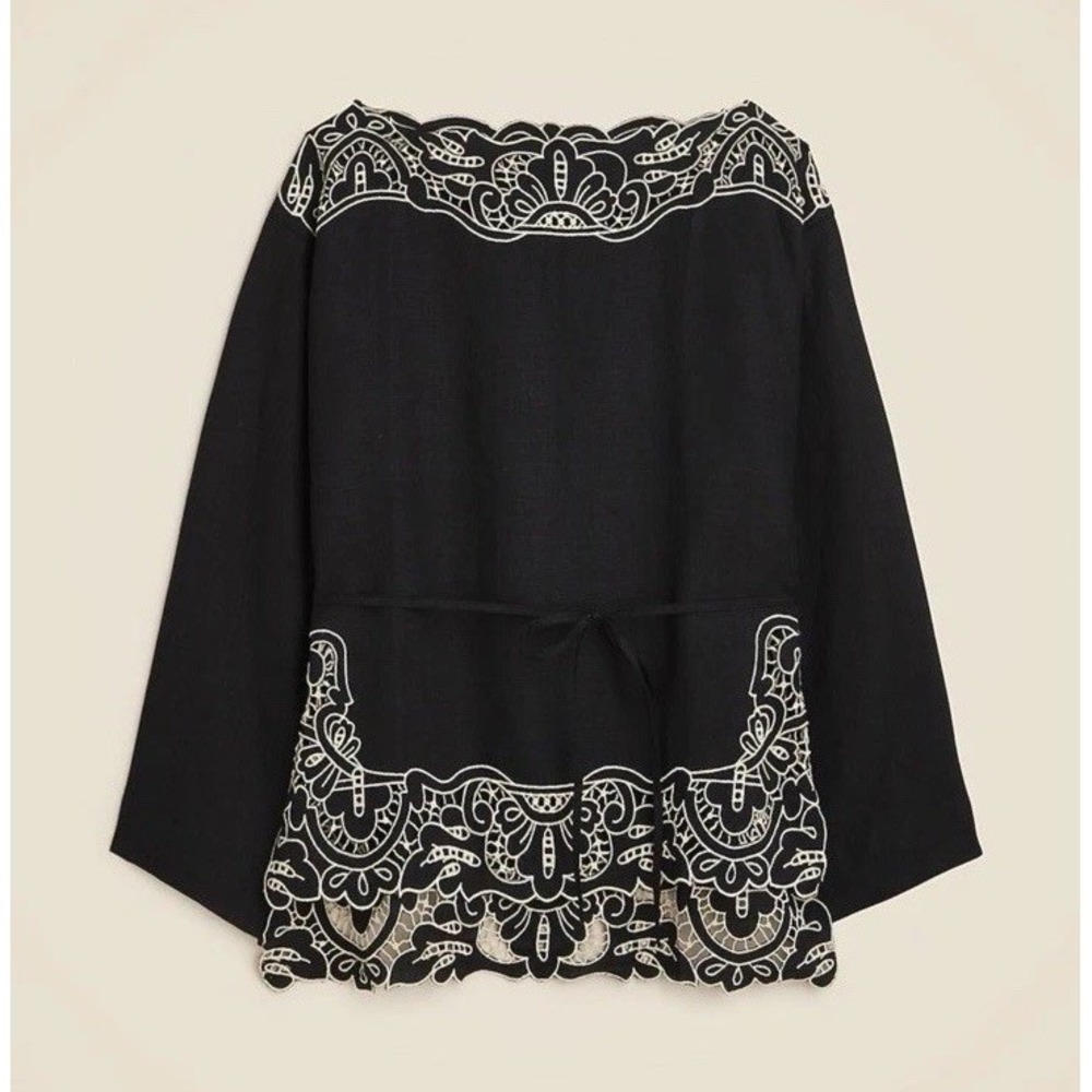 EUC J Crew Cutwork Tunic Top in Linen Womens Black Ivory Medium Belt